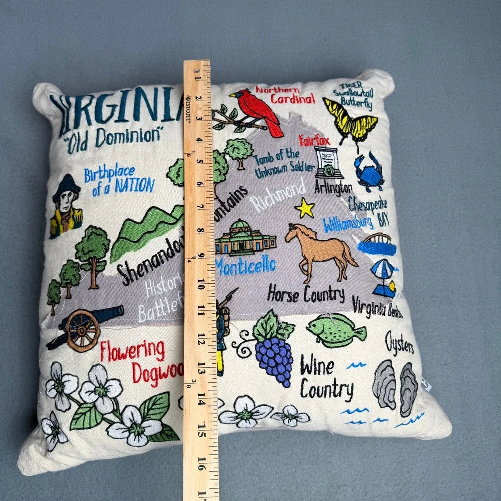 Catstudio Virginia State Hand Embroidered Pillow Old Dominion Retro Map Accent
